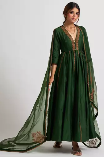 Bottle green chanderi silk dori work anarkali salwar kameez