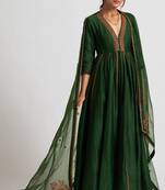 Bottle green chanderi silk dori work anarkali salwar kameez