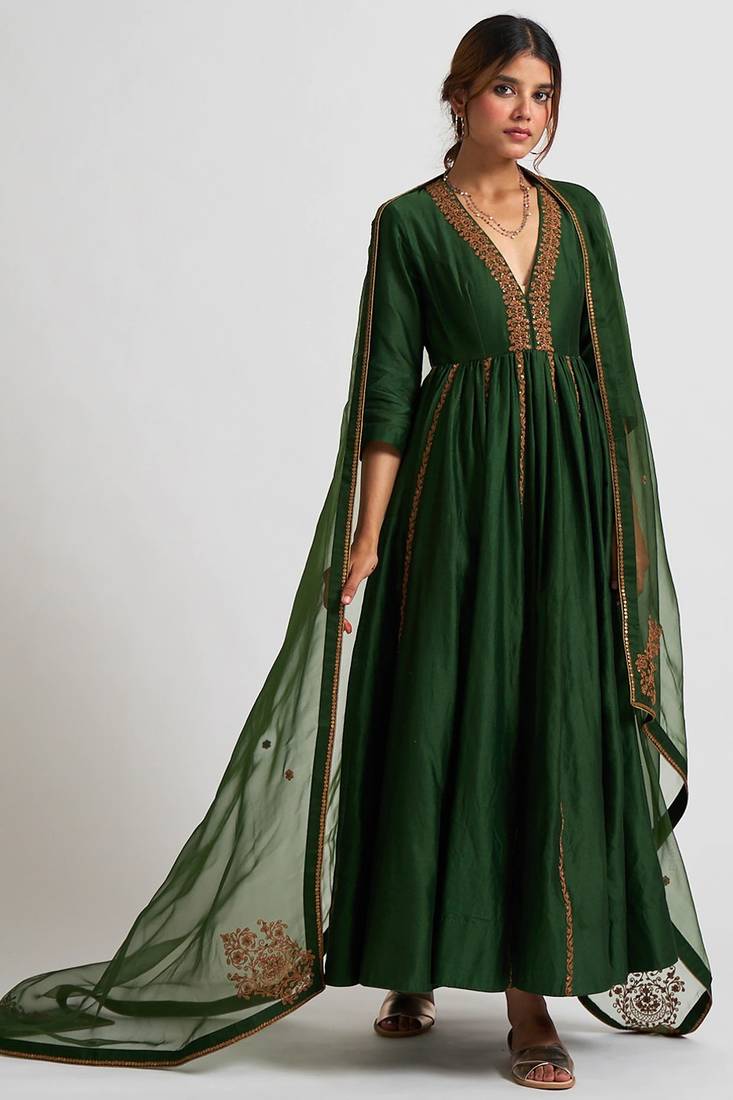 Bottle green chanderi silk dori work anarkali salwar kameez