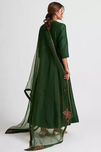 Bottle green chanderi silk dori work anarkali salwar kameez