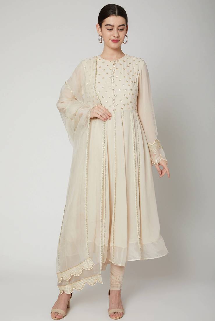 Off white georgette sequins embroidery anarkali salwar kameez