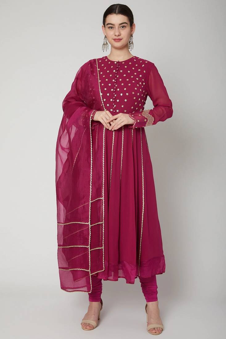 Wine georgette sequins embroidery anarkali salwar kameez
