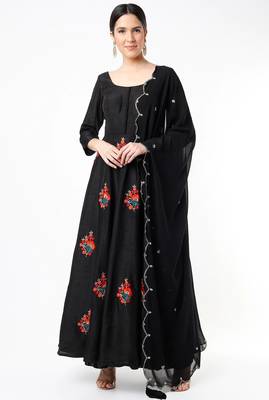 Black dupion silk thread embroidery anarkali salwar kameez 1