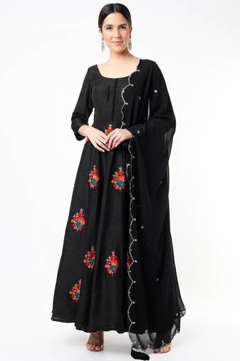 Black dupion silk thread embroidery anarkali salwar kameez