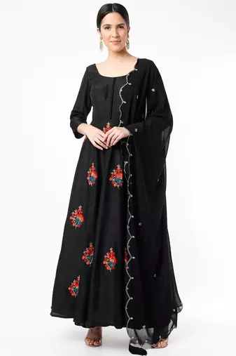 Black dupion silk thread embroidery anarkali salwar kameez