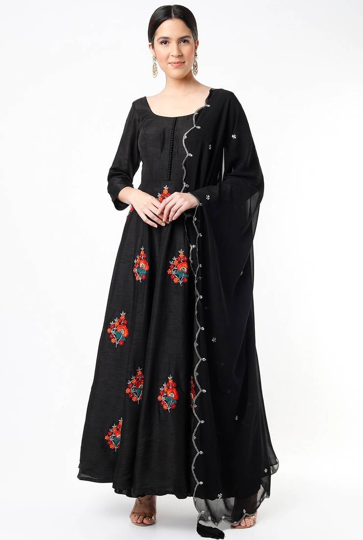 Black dupion silk thread embroidery anarkali salwar kameez