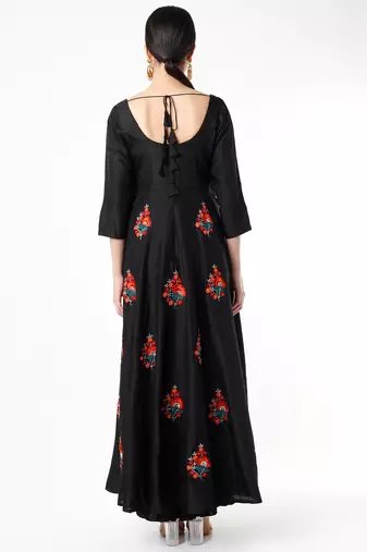Black dupion silk thread embroidery anarkali salwar kameez