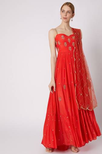 Red chinon silk hand embroidery anarkali salwar kameez