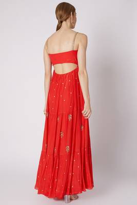 Red chinon silk hand embroidery anarkali salwar kameez 2