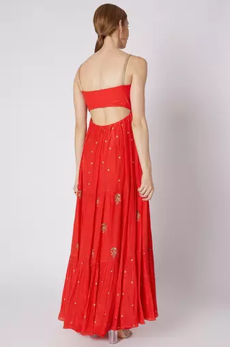 Red chinon silk hand embroidery anarkali salwar kameez