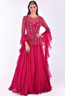 Magenta pink chinon silk & georgette hand embroidery anarkali salwar kameez 1