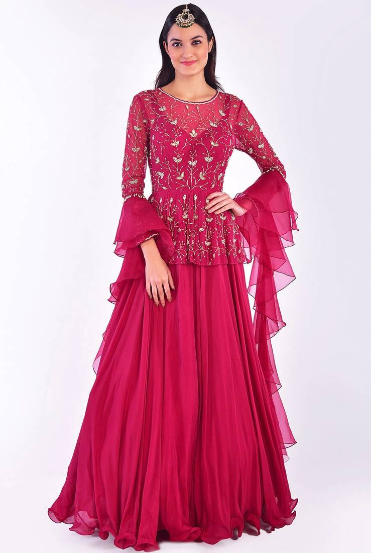 Magenta pink chinon silk & georgette hand embroidery anarkali salwar kameez