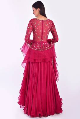 Magenta pink chinon silk & georgette hand embroidery anarkali salwar kameez 2