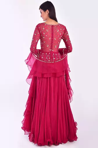 Magenta pink chinon silk & georgette hand embroidery anarkali salwar kameez