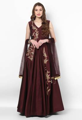 Wine silk zari work anarkali salwar kameez 1