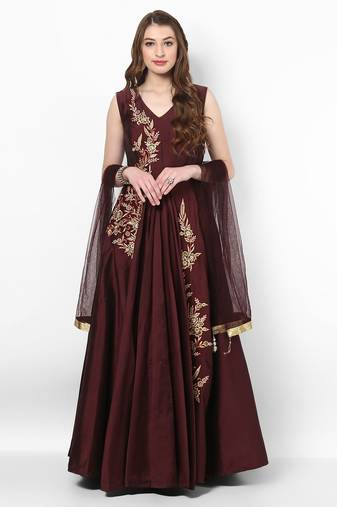 Wine silk zari work anarkali salwar kameez