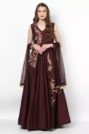 Wine silk zari work anarkali salwar kameez