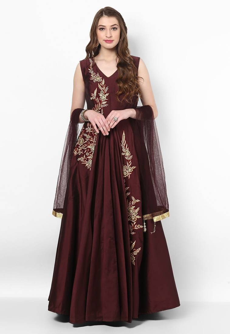 Wine silk zari work anarkali salwar kameez