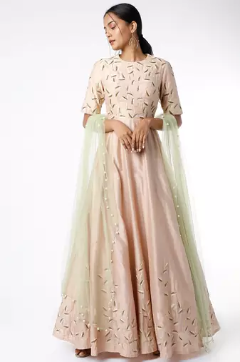 Light pink silk zari work anarkali salwar kameez