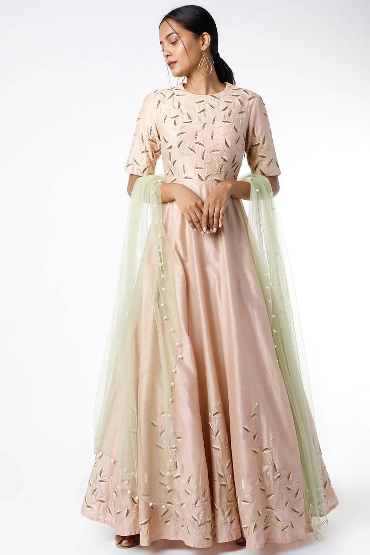 Light pink silk zari work anarkali salwar kameez