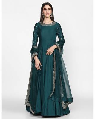 Teal green chanderi silk thread work ,zari work & lace border anarkali salwar kameez 1