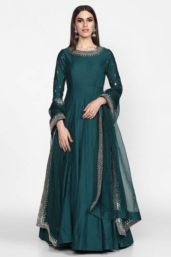Teal green chanderi silk thread work ,zari work & lace border anarkali salwar kameez