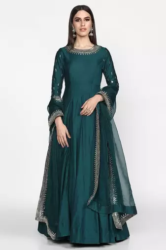 Teal green chanderi silk thread work ,zari work & lace border anarkali salwar kameez