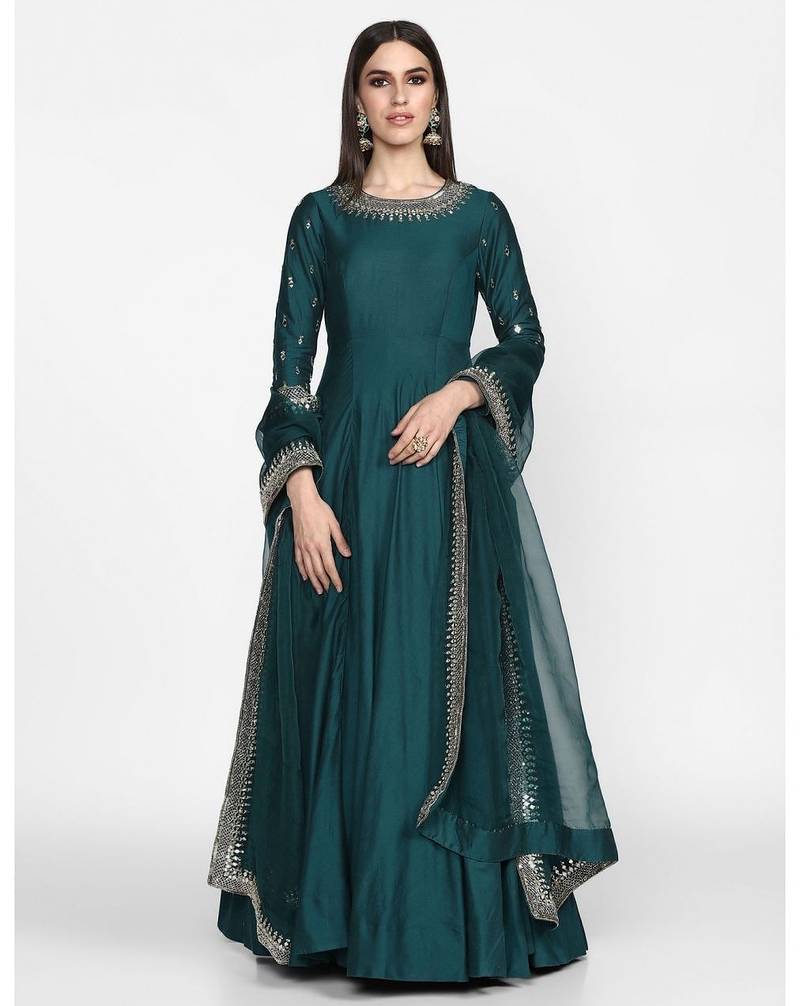Teal green chanderi silk thread work ,zari work & lace border anarkali salwar kameez