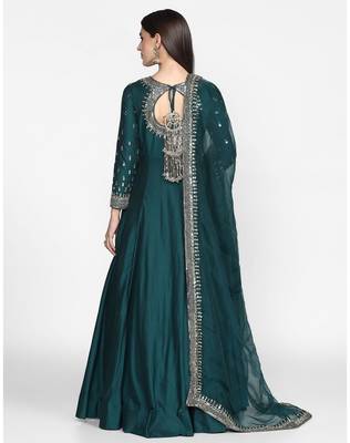 Teal green chanderi silk thread work ,zari work & lace border anarkali salwar kameez 2