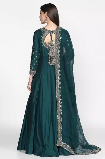 Teal green chanderi silk thread work ,zari work & lace border anarkali salwar kameez