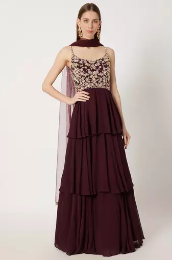 Maroon georgette sequins embroidery anarkali salwar kameez