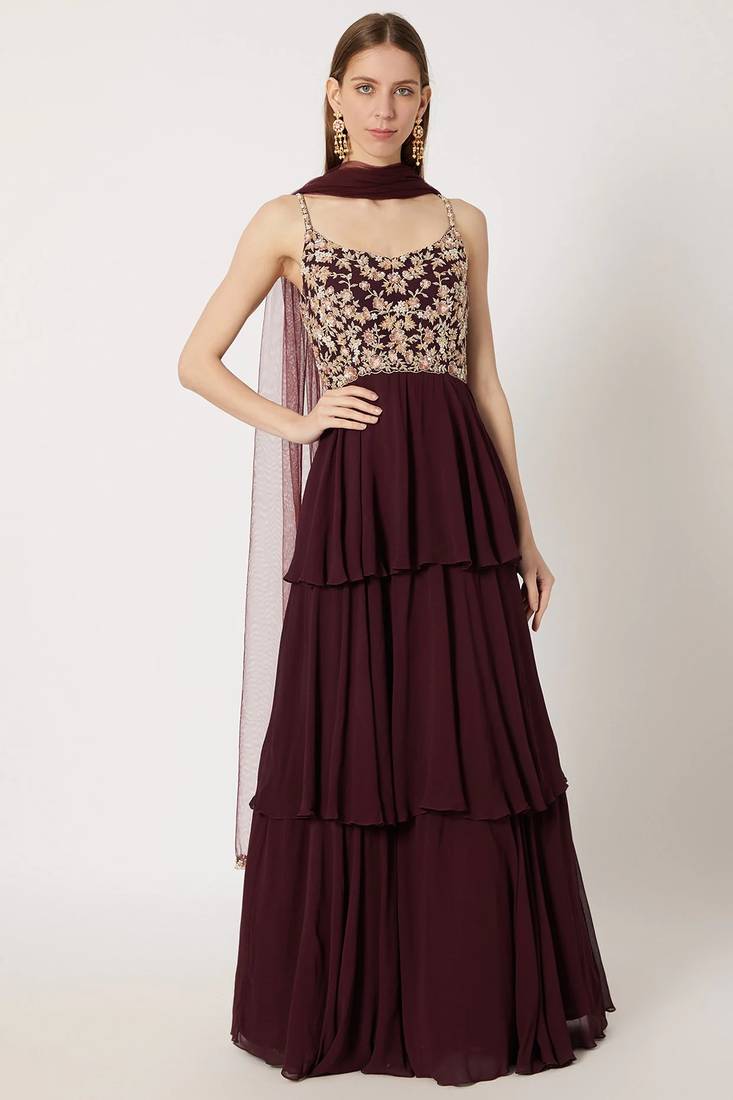 Maroon georgette sequins embroidery anarkali salwar kameez