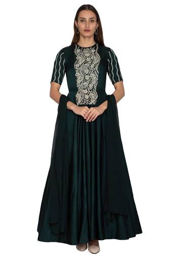 Dark bottle green chanderi silk pearls and nalki anarkali salwar kameez