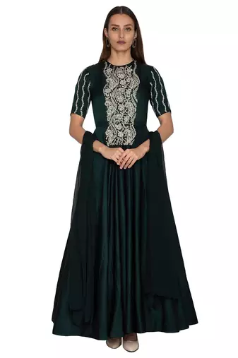 Dark bottle green chanderi silk pearls and nalki anarkali salwar kameez
