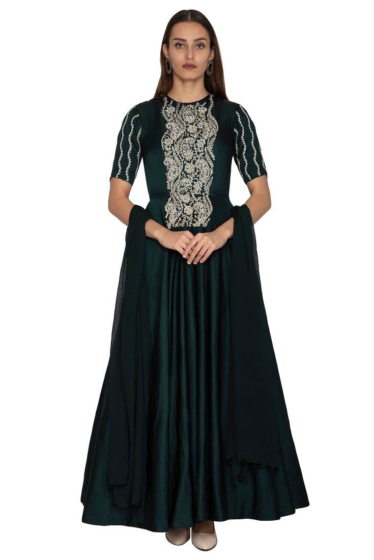 Dark bottle green chanderi silk pearls and nalki anarkali salwar kameez