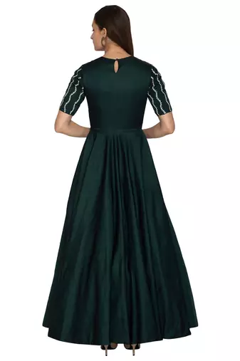 Dark bottle green chanderi silk pearls and nalki anarkali salwar kameez