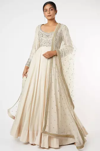 Ivory chanderi silk zardosi work anarkali salwar kameez