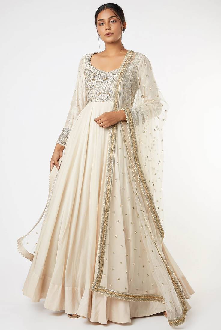 Ivory chanderi silk zardosi work anarkali salwar kameez