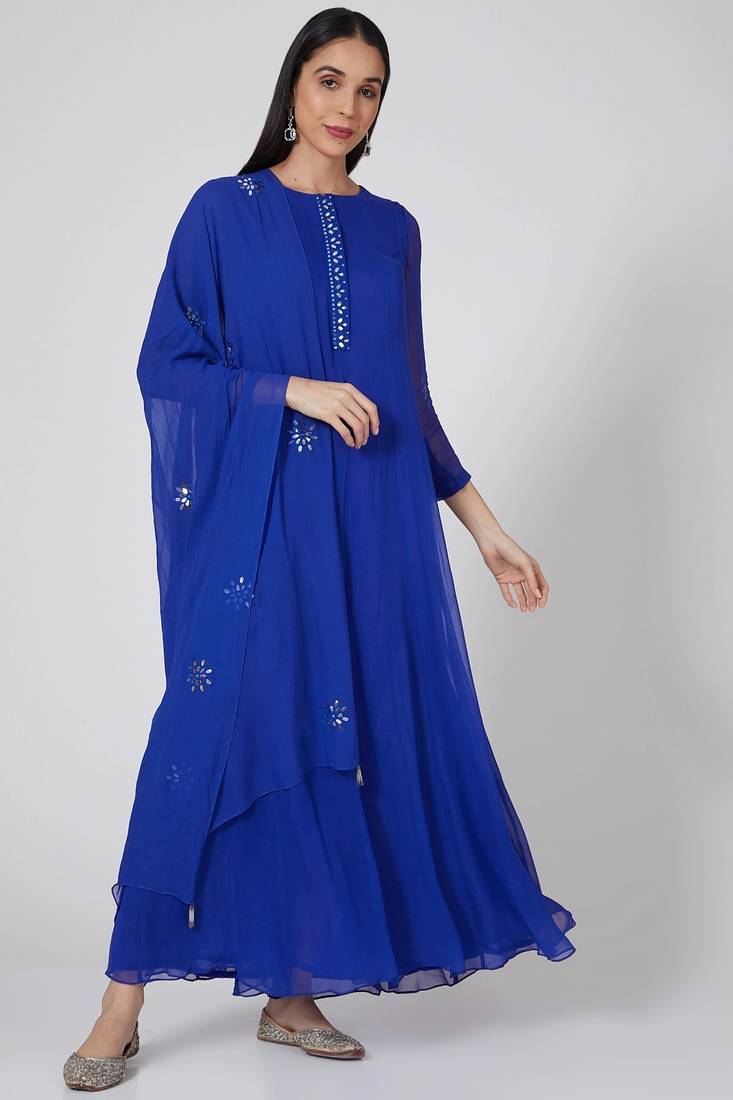 Royal blue georgette thread and patra work anarkali salwar kameez