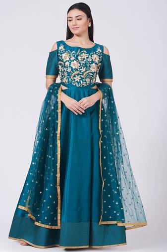 Teal blue silk hand embroidery anarkali salwar kameez