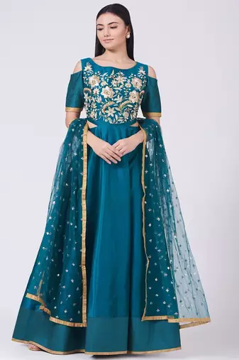 Teal blue silk hand embroidery anarkali salwar kameez