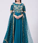 Teal blue silk hand embroidery anarkali salwar kameez
