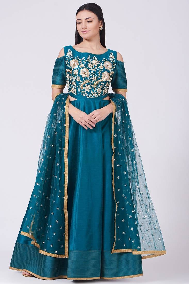 Teal blue silk hand embroidery anarkali salwar kameez