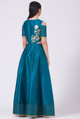 Teal blue silk hand embroidery anarkali salwar kameez 2