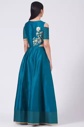 Teal blue silk hand embroidery anarkali salwar kameez