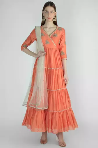 Coral orange chanderi silk sequins and dabka work anarkali salwar kameez