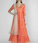 Coral orange chanderi silk sequins and dabka work anarkali salwar kameez