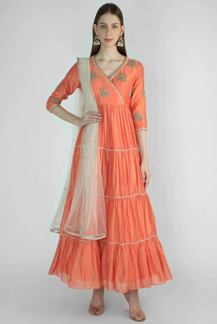 Coral orange chanderi silk sequins and dabka work anarkali salwar kameez