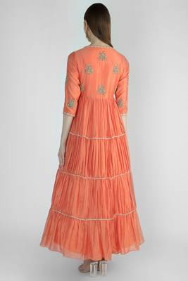 Coral orange chanderi silk sequins and dabka work anarkali salwar kameez 2