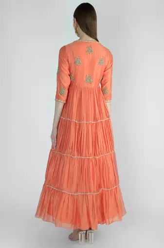 Coral orange chanderi silk sequins and dabka work anarkali salwar kameez